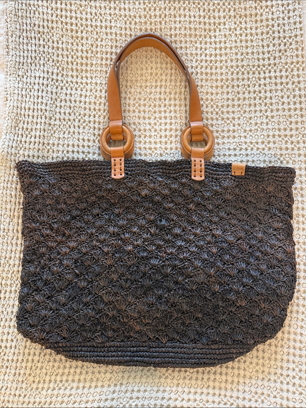 BORNE Woven Black Brown Straw Tote Bag with Tan Leather Handles NWOT
